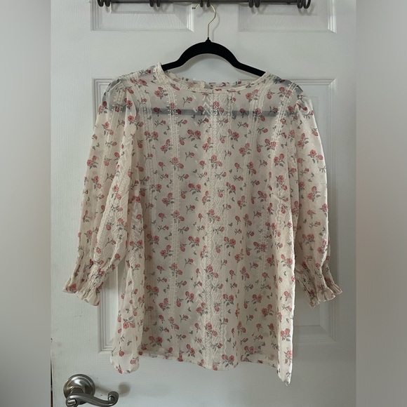 Source Unknown Tops - Sheer Cottagecore Floral Lace Blouse - Ivory with Pink Roses 3/4 length sleeves